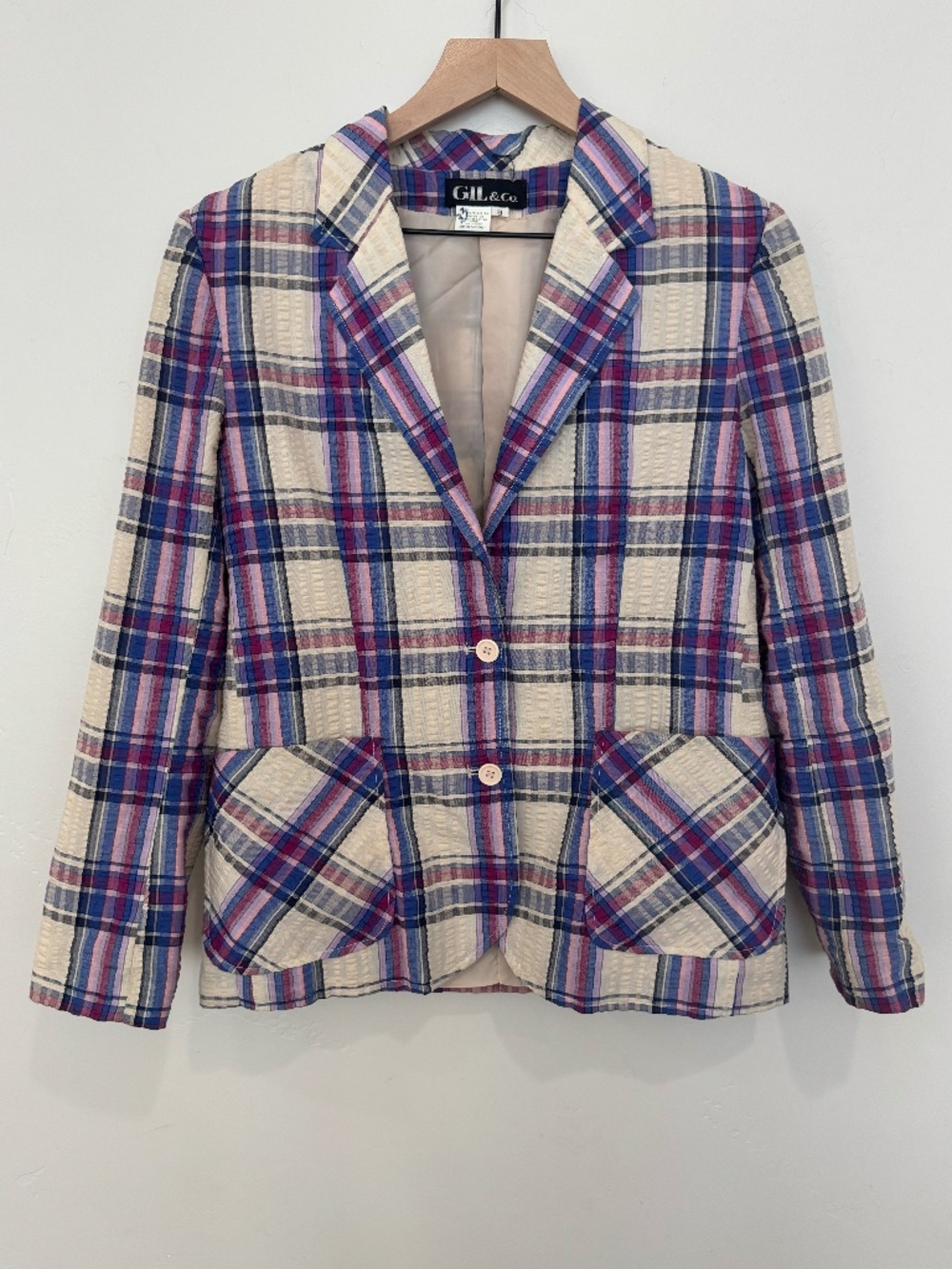 Gil & Co Vintage Blazer Lightweight‎ Seersucker Blue and Purple Plaid Size 8